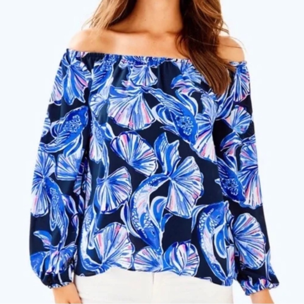Lilly Pulitzer Lou Lou Off Shoulder Top in Reel Life Preppy Resortwear Vacation